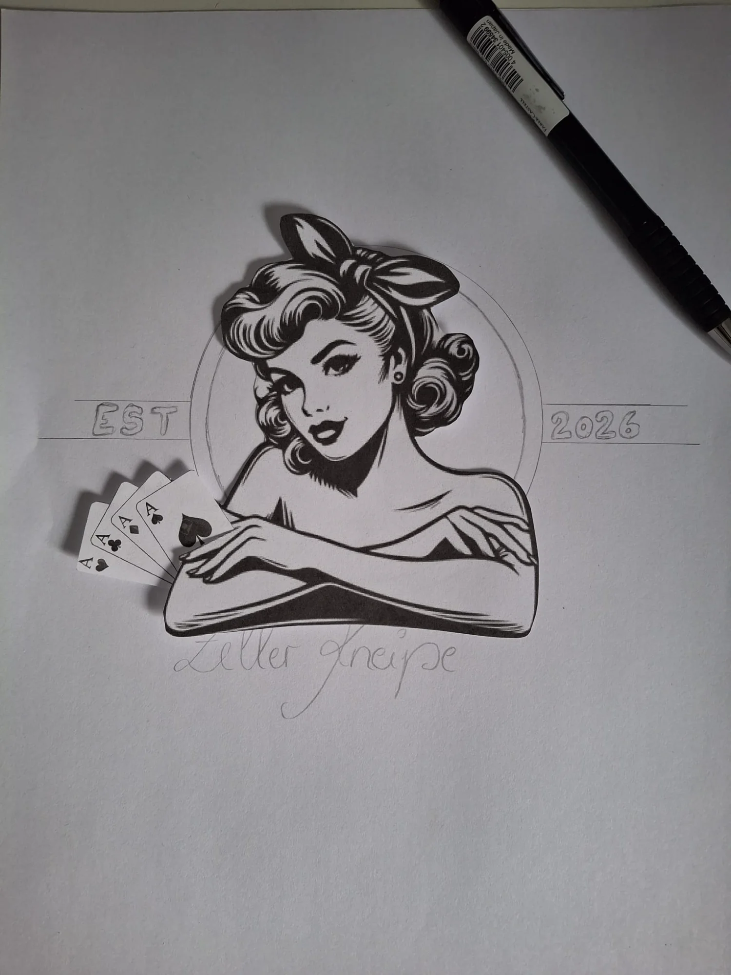 Zeller Kneipe Logo - Pin-Up mit Karten
